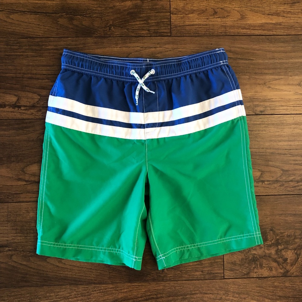 Lands End Mens Swim Trunks Size L Blue Green White Elastic Drawstring Waist
